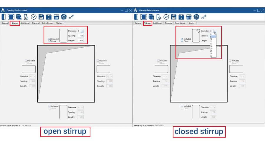 In ‘Stirrup’ tab, you can define which side should have stirrup or not. It can be open or closed stirrup. You can also define diameter, spacing and length for stirrup.